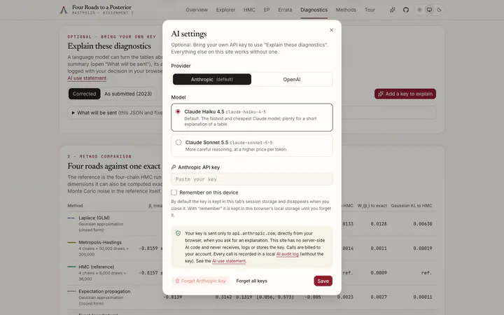 Bring your own key. Optional AI settings: Anthropic by default, the key stays in this browser.